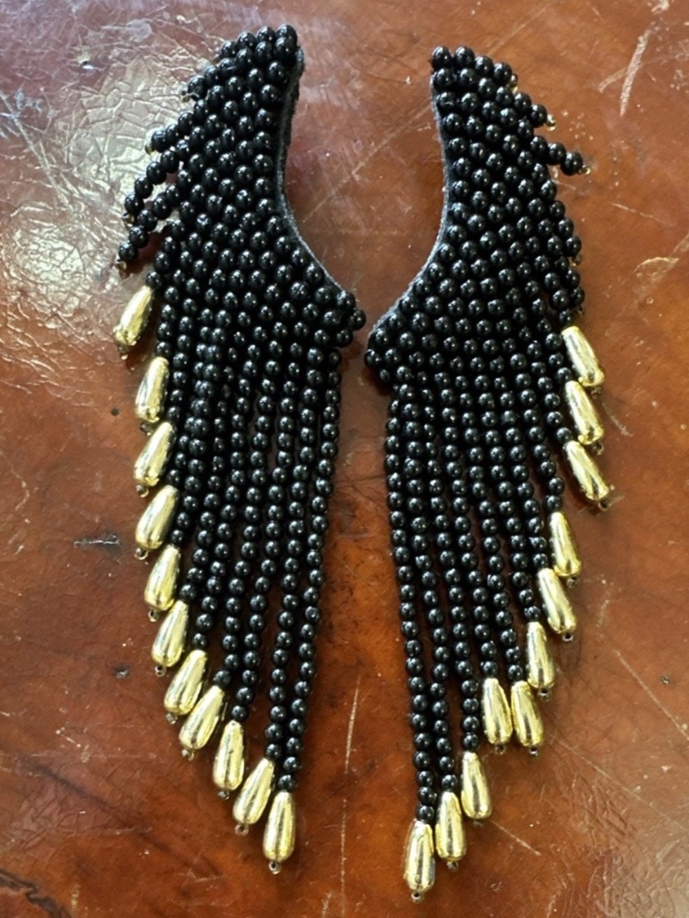 Vintage Art Deco Black Beaded Wing Dangle/Drop Earrings Gold Tone Accents,